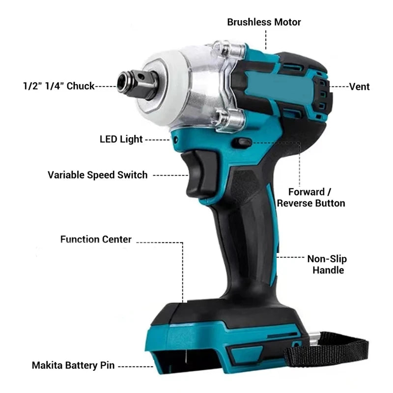 Electric Impact Wrench 520N.m Brushless Motor Strong Torque Li-ion Battery LED Light Cordless Wrench Compatible Makita Battery